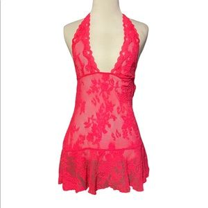 SOLD Victoria's Secret Hot Pink Halter Top Empire Knit Lace Mini Babydoll Nighty